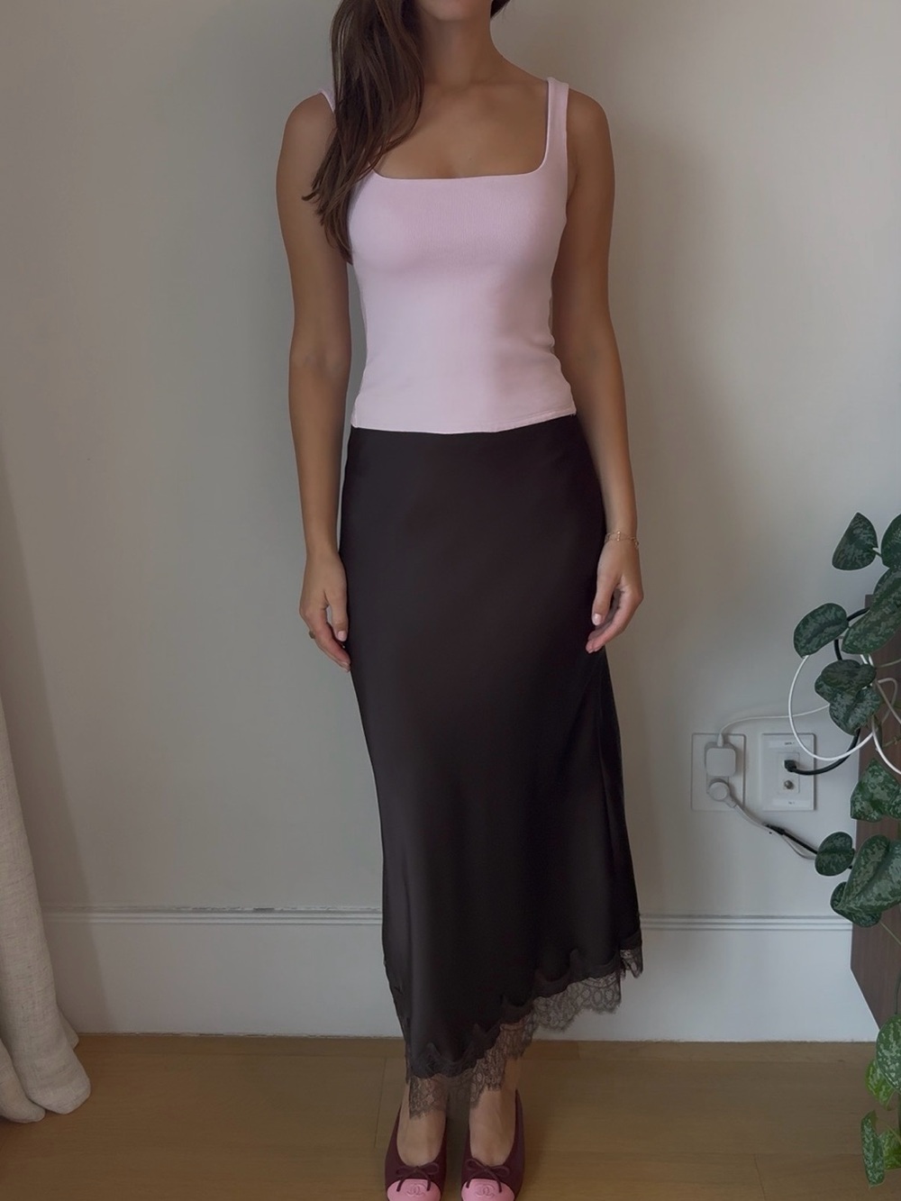 Sleek Brown Slip Skirt with Lace Trim